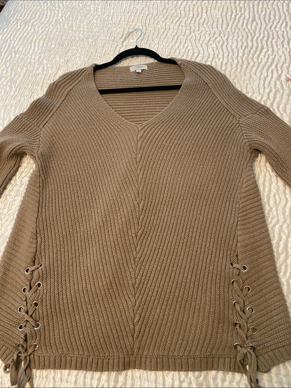 Umgee Taupe Ribbed V-Neck Sweater with Side Lace-Up